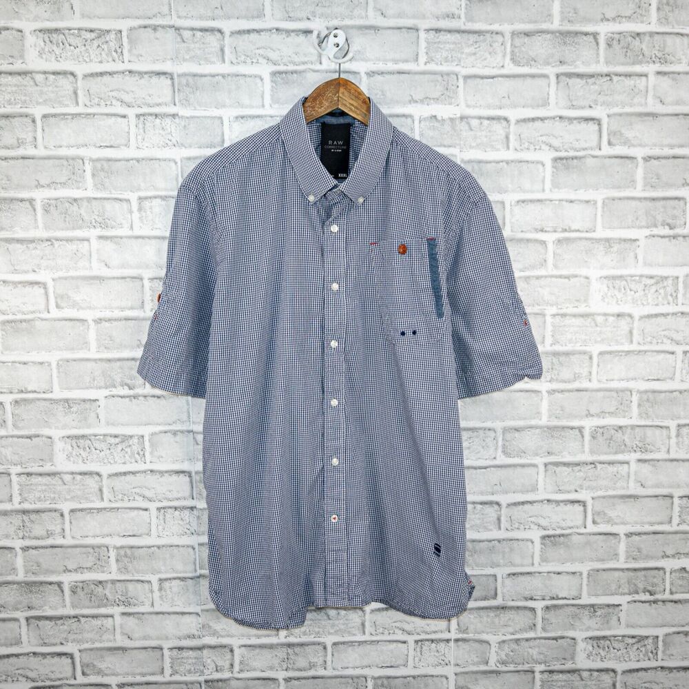 G Star RAW Correctline Short Sleeve Button Down Shirt Blue gingham sz 3XL